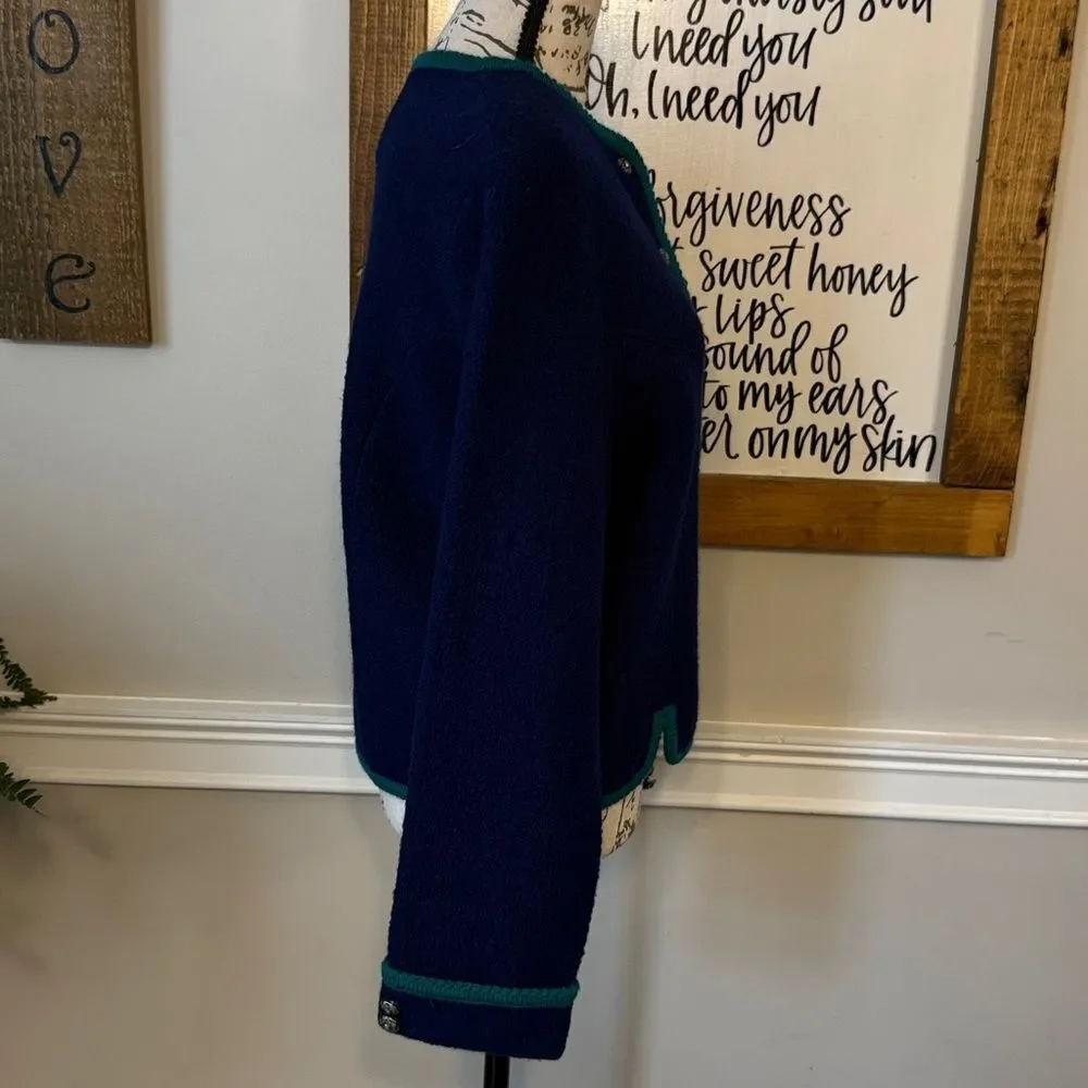 Vintage Tally-Ho 100% Wool Cardigan Sweater in navy blue with green trim